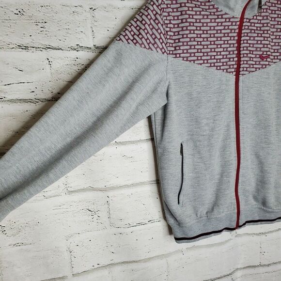 Nike Fit Dry Gray Maroon Printed Full Zip Up Collared Cotton Jacket Womens Large - Picture 2 of 9